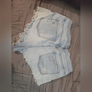 Light Blue High-Waisted Jean Shorts with Distressed Hem